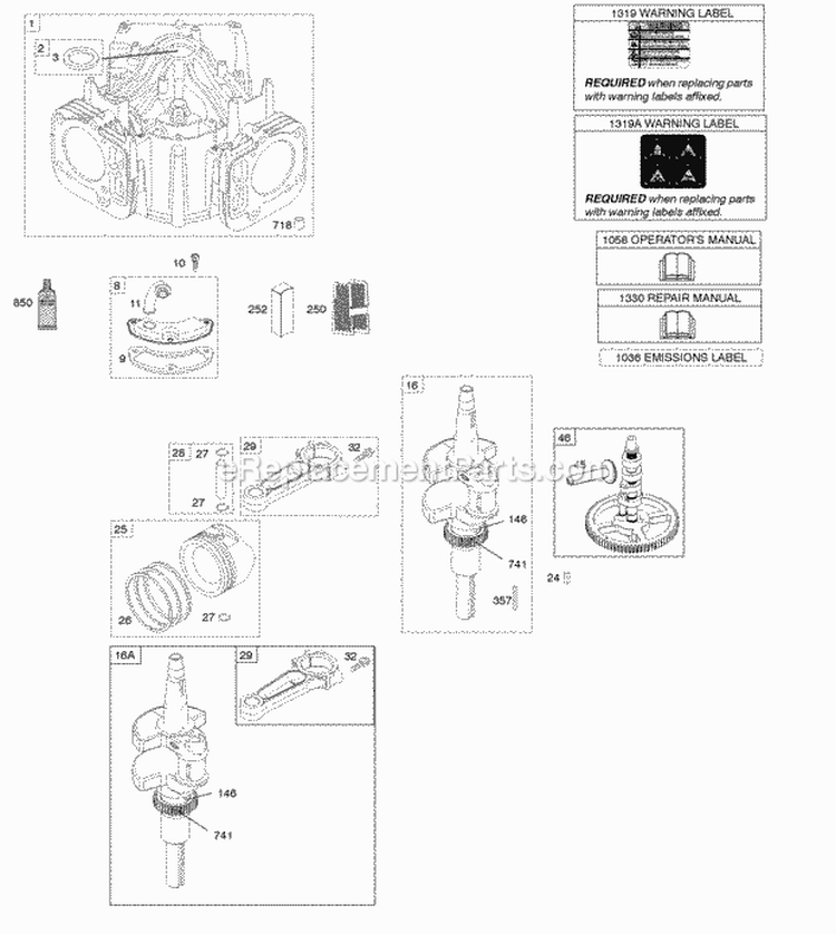 Camshaft Crankshaft Cylinder Pistons Rings Connecting Rod Diagram and Parts List for  Briggs and Stratton Engine